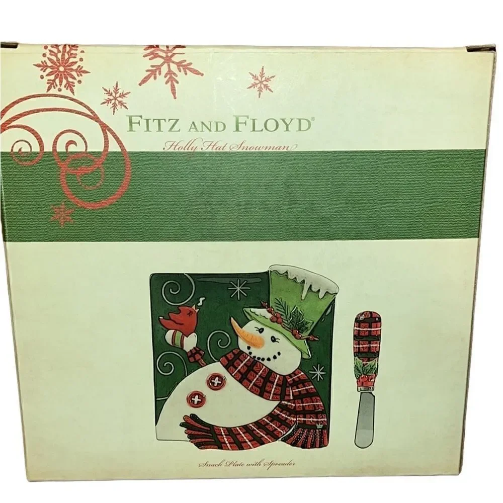 Fitz & Floyd Holly Hat Snowman Snack Plate w/ Spreader